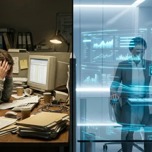 A split-screen comparison of a worker struggling with manual tasks at a cluttered desk versus a streamlined digital workspace powered by Workflow Automation and RPA.