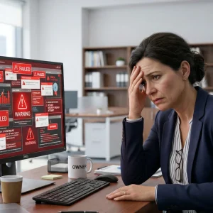 A realistic 3D visual of a frustrated business owner sitting at a desk in a clean office, looking at a computer screen overwhelmed with red "Warning" and "Failed" icons, representing automated workflow errors.
