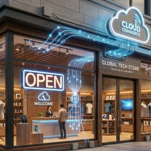 A realistic 3D render of a modern retail store at night with a glowing "Open" sign and digital blue light lines connecting the physical shop to a sleek cloud icon above, representing cloud computing for retail businesses.