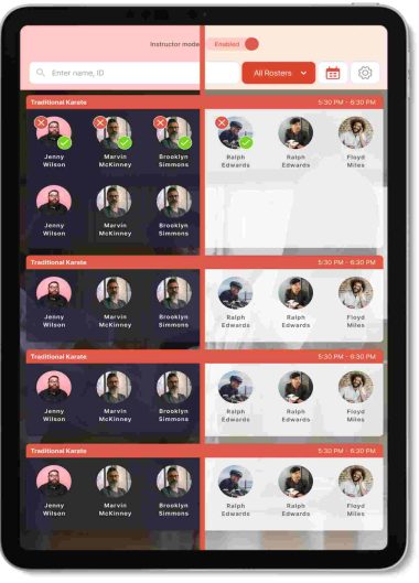 Spark Kiosk student attendance app showing instructor dashboard with multiple student rosters.