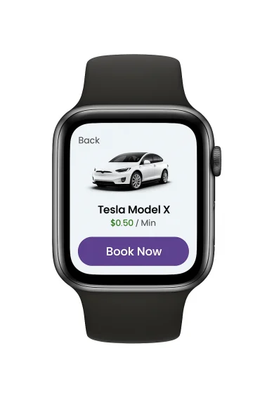 Car Share Watch App – smartwatch showing Tesla Model X car details with rate per minute and Book Now button.