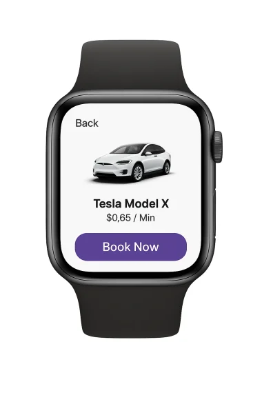 Car Share Watch App – smartwatch payment screen to choose card with Mastercard option visible.