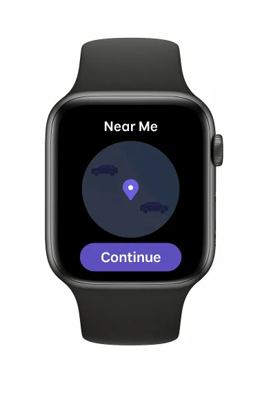 Car Share Watch App – smartwatch showing “Near Me” screen with car icons, location pin, and Continue button.