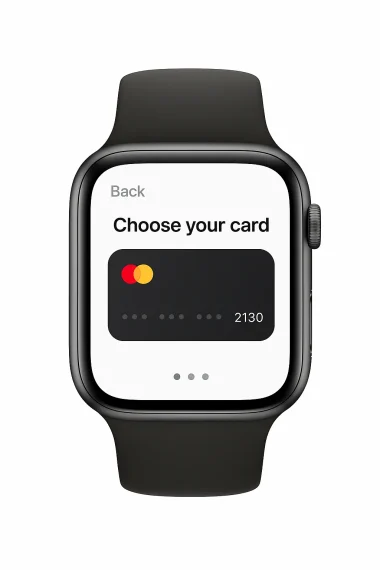 Car Share Watch App – smartwatch payment screen to choose card with Mastercard option visible.