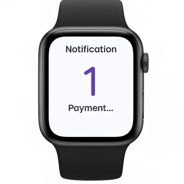 Car Share Watch App – smartwatch payment progress screen showing purple loading circle and Payment in process.