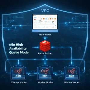A professional technology architecture diagram showing an n8n high availability queue setup, with a central Redis broker connected to multiple worker nodes, a main node dashboard above, all enclosed within a secure VPC shield and linked by glowing data flow lines.
