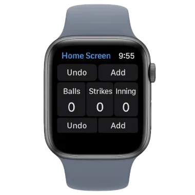 Umpire’s Clicker Watch App – smartwatch mockup showing Home Screen with balls, strikes, outs counters and “Umpire Safe” button.