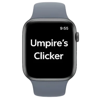 Umpire’s Clicker Watch App – smartwatch mockup showing Score Screen with Home and Away team scores displayed over three innings.