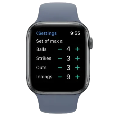 Umpire’s Clicker Watch App – smartwatch mockup showing Settings Screen with adjustable maximum numbers for balls, strikes, outs, and innings.